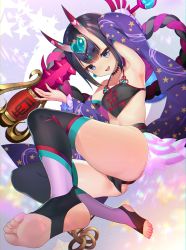 Rule 34 | 1girl, artistic error, bare shoulders, blush, breasts, chinese clothes, detached sleeves, eyeliner, fate/grand order, fate (series), feet, forehead jewel, headpiece, heart, highres, horns, loincloth, looking at viewer, makeup, nayuta (una), oni, pelvic curtain, purple eyes, purple hair, short eyebrows, short hair, shuten douji (fate), shuten douji (fate/grand order), shuten douji (halloween caster) (fate), skin-covered horns, small breasts, smile, solo, stirrup legwear, thighhighs, toeless legwear, wrong foot