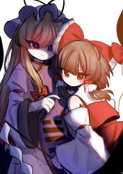 Rule 34 | 2girls, absurdres, blonde hair, blush, bow, brown hair, closed mouth, commentary request, detached sleeves, dress, expressionless, folded fan, folding fan, frilled bow, frilled hair tubes, frills, gloves, gohei, hair bow, hair tubes, hakurei reimu, hand fan, hat, hat ribbon, highres, holding, holding fan, holding gohei, korean commentary, long hair, long sleeves, mob cap, multiple girls, purple tabard, red bow, red skirt, ribbon, shaded face, skirt, skirt set, tabard, tohou89, touhou, very long hair, white gloves, wide sleeves, yakumo yukari