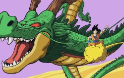 Rule 34 | 1boy, biceps, black eyes, black hair, blue wristband, closed mouth, cloud, dougi, dragon, dragon ball, fingernails, flying, flying nimbus, hand on own knee, happy, highres, horns, indian style, lee (dragon garou), looking at viewer, male focus, messy hair, no pupils, orange pants, outstretched arm, pants, pectorals, purple sky, red eyes, sharp teeth, shenron (dragon ball), sitting, size difference, sky, smile, son goku, teeth, tongue, waving, whiskers, wide shot, wristband