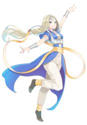 Rule 34 | 1girl, arm up, armlet, black footwear, blonde hair, blue eyes, bracer, breasts, circlet, closed mouth, dragon quest, dragon quest vi, fingernails, fujimura hinami, full body, hair intakes, highres, leg up, long hair, looking at viewer, low-tied long hair, mireyu, sash, shoes, short sleeves, simple background, small breasts, smile, solo, standing, standing on one leg, straight hair, very long hair, white background