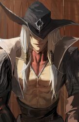 Rule 34 | absurdres, black headwear, black jacket, covered eyes, cowboy hat, cropped jacket, hat, hat over eyes, high noon (league of legends), high noon yone, highres, jacket, lapels, league of legends, long hair, long sleeves, male focus, muscular, muscular male, official alternate costume, parted lips, pectorals, rrrr46621358, simple background, smile, straight hair, teeth, upper body, white hair, yone (league of legends)