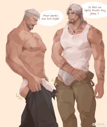 Rule 34 | 2boys, abs, april fools, arm tattoo, ass lift, bara, beard, blush, bouncing bulge, bulge, bulge lift, english text, facial hair, feet out of frame, from side, grey hair, grey male underwear, highres, i&#039;ve never seen a guy recreate this successfully tbh (meme), jewelry, large pectorals, lixiao6342, long hair, looking at bulge, male focus, male underwear, mature male, meme, multiple boys, muscular, muscular male, mustache, navel, necklace, nipples, open pants, original, pants, pants lift, pectorals, scar, scar on arm, short hair, sideburns, speech bubble, stomach, sweatdrop, tank top, tattoo, thick eyebrows, topless male, undersized clothes, underwear, white male underwear, white tank top