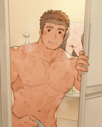Rule 34 | 1boy, abs, ass, bara, blush, brown hair, chataro1412, completely nude, covering privates, covering crotch, large pectorals, long sideburns, male focus, mirror, mirror image, muscular, muscular male, nipples, nude, open door, pectorals, motoori shiro, short hair, sideburns, solo, steam, stomach, thick eyebrows, tokyo houkago summoners, upper body, wet