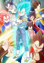 Rule 34 | 1boy, adjusting clothes, adjusting gloves, age progression, armor, back, black bodysuit, black hair, blood, blood on face, blue bodysuit, blue eyes, blue hair, bodysuit, boots, brown hair, cape, chest armor, child, closed mouth, dragon ball, dragon ball gt, dragon ball super, dragonball z, evil smile, facial mark, fuoore (fore0042), gloves, green eyes, highres, injury, looking at viewer, majin vegeta, male focus, muscular, muscular male, open mouth, red cape, red eyes, red hair, saiyan, saiyan armor, short hair, smile, spiked hair, super saiyan, super saiyan 1, super saiyan 2, super saiyan 4, super saiyan blue, super saiyan god, vegeta, white gloves