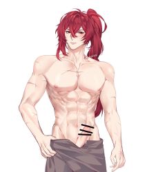 Rule 34 | 1boy, abs, bar censor, bara, censored, diluc (genshin impact), genshin impact, hair between eyes, highres, long hair, male focus, muscular, muscular male, nipples, penis, ponytail, red eyes, red hair, rourouki, scar, scar on arm, scar on chest, scar on stomach, simple background, smile, testicles, towel, towel around waist, white background