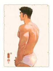 Rule 34 | 1boy, abs, absurdres, bara, briefs, cropped legs, from side, highres, large pectorals, long sideburns, male focus, male underwear, muscular, muscular male, nipples, original, pectorals, short hair, sideburns, solo, stomach, thick thighs, thighs, topless male, underwear, white male underwear, yun shen