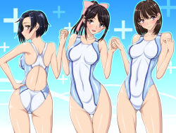 Rule 34 | 3girls, :d, anegasaki nene, aqua background, armpits, ass, back, bad id, bad pixiv id, black hair, blue background, blue hair, blue one-piece swimsuit, blush, bow, breasts, breasts apart, brown eyes, brown hair, closed mouth, collarbone, competition swimsuit, covered navel, gradient background, grey eyes, groin, hair bow, hand on own hip, hand up, hands up, head tilt, high ponytail, highleg, highleg swimsuit, hip focus, holding hands, impossible clothes, impossible swimsuit, kobayakawa rinko, legs apart, legs together, light smile, lineup, long hair, looking at viewer, looking back, love plus, medium breasts, mole, mole under eye, multiple girls, one-piece swimsuit, open mouth, outline, pink bow, pink eyes, ponytail, profile, sen (sansui), shiny clothes, shiny skin, short hair, sidelocks, skin tight, smile, standing, swimsuit, takane manaka, thigh gap, thighs, wedgie, white one-piece swimsuit, yellow eyes