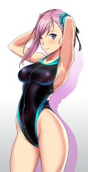 Rule 34 | 1girl, aiuti, arched back, arms behind head, black one-piece swimsuit, blue eyes, breasts, bun cover, collarbone, competition swimsuit, cowboy shot, fate/grand order, fate (series), gradient background, hair bun, hair ornament, highleg, highleg swimsuit, highres, looking at viewer, medium breasts, miyamoto musashi (fate), miyamoto musashi (swimsuit berserker) (first ascension) (fate), one-piece swimsuit, one eye closed, pink hair, side ponytail, single hair bun, solo, standing, swimsuit, white background