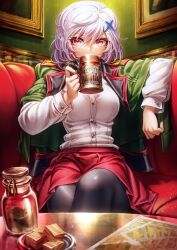 Rule 34 | 1girl, arm rest, beer mug, black pantyhose, breasts, buttons, character request, copyright request, cup, drinking, food, green jacket, hair between eyes, hair ornament, highres, holding, holding cup, indoors, jacket, jar, large breasts, light particles, long sleeves, looking at viewer, map, mug, oyu udon, painting (object), pantyhose, pink eyes, plate, purple hair, red skirt, shirt, short hair, sitting, skirt, solo, white shirt, x hair ornament
