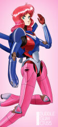 Rule 34 | 1girl, airborne, bubblegum crisis, copyright name, from side, gloves, green eyes, high heels, highres, leaning forward, liqueur (retroot1), medium hair, nene romanova, open mouth, pink background, pink hair, red gloves, science fiction, smile, solo, thrusters
