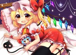 Rule 34 | 1girl, ascot, bed, black thighhighs, blonde hair, bow, character doll, fang, flandre scarlet, garter belt, hat, hat bow, laevatein, lying, mob cap, on side, open mouth, pillow, red eyes, remilia scarlet, ruhika, solo, thighhighs, touhou, wings