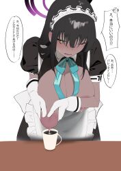 Rule 34 | 1girl, absurdres, apron, black hair, blue archive, blue bow, blue bowtie, bow, bowtie, breasts, breasts out, coffee mug, cup, dark-skinned female, dark skin, frilled apron, frills, gloves, halo, hand milking, highres, karin (blue archive), lactating into container, lactation, large breasts, long hair, maid, maid apron, maid headdress, milking, mug, nipples, puffy short sleeves, puffy sleeves, purple halo, self milking, shikisokuzeku76, short sleeves, simple background, translated, white background, white gloves, yellow eyes