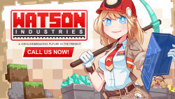 Rule 34 | 1girl, absurdres, block (object), blue eyes, blueprint (object), breasts, bright pupils, bubba (watson amelia), collared shirt, deerstalker, diamond (gemstone), dog, english text, hard hat, hat, helmet, highres, holding, holding blueprints, holding pickaxe, hololive, hololive english, james choo, looking at viewer, medium breasts, medium hair, minecraft, minecraft pickaxe, open mouth, over shoulder, pickaxe, revision, shirt, solo, virtual youtuber, watson amelia, white pupils, white shirt