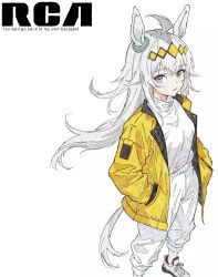 Rule 34 | 1girl, ahoge, alternate costume, animal ears, commentary, english commentary, english text, feet out of frame, from above, from side, grey eyes, grey hair, hands in pocket, highres, horse ears, horse girl, horse tail, jacket, long hair, long sleeves, looking at viewer, oguri cap (umamusume), pants, pinkerton, shirt, shoes, simple background, sneakers, solo, tail, umamusume, white background, white footwear, white pants, white shirt, yellow jacket