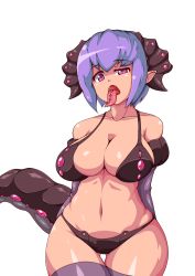 Rule 34 | 1girl, bad id, bad pixiv id, bikini, blue hair, breasts, brown bikini, curvy, elbow gloves, gloves, highres, horns, huge breasts, moisture (chichi), monster girl, navel, open mouth, original, pointy ears, purple eyes, short hair, simple background, solo, standing, swimsuit, tail, thigh gap, thighhighs, thighs, tongue, white background, wide hips
