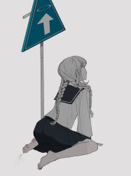 Rule 34 | 1girl, absurdres, barefoot, blood on feet, blue sailor collar, blue skirt, braid, commentary request, full body, grey background, highres, long hair, long sleeves, numata zombie, original, pleated skirt, road sign, sailor collar, school uniform, serafuku, shirt, sign, simple background, sitting, skirt, solo, twin braids, wariza, white hair, white shirt