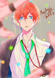 Rule 34 | 2boys, black suit, blue eyes, blurry, blurry foreground, confetti, dated, finger frame, formal, green necktie, grey background, happy birthday, hypnosis mic, izanami hifumi, kannonzaka doppo, lanyard, multicolored hair, multiple boys, necktie, pov, pov hands, red hair, shirt, solo focus, streaked hair, suit, suna yaro, upper body, white shirt