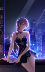 Rule 34 | 1girl, absurdres, bare shoulders, blue flower, blue rose, bouquet, breasts, brown hair, chinese commentary, city, cleavage, commentary request, cowboy shot, earrings, flower, hair flower, hair ornament, hair over one eye, highres, honkai (series), honkai impact 3rd, jewelry, long hair, mangshe jiao, mole, mole under eye, red eyes, rita rossweisse, rita rossweisse (fallen rosemary), rose, window