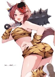 Rule 34 | 1girl, absurdres, animal print, brown hair, club, club (weapon), ear covers, highres, holding club, holding weapon, horse girl, horse tail, mask, mask on head, misoni (mi so ni t), one eye closed, oni mask, open mouth, parted bangs, purple eyes, sakura laurel (oni laurel) (umamusume), sakura laurel (umamusume), short hair, simple background, smile, solo, spiked club, tail, thighs, tiger print, umamusume, umanari ichi furlong theater, weapon, white background