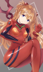 Rule 34 | 1girl, absurdres, artist request, ass, blue eyes, bodysuit, breasts, brown hair, hair ornament, highres, holding, holding weapon, interface headset, lance of longinus (evangelion), long hair, looking at viewer, medium breasts, neon genesis evangelion, plugsuit, polearm, shiny clothes, simple background, skin tight, solo, souryuu asuka langley, weapon