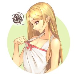 Rule 34 | 1girl, adjusting clothes, aged down, aged up, armpits, bare shoulders, blonde hair, bow, breasts, circle, cleavage, closed mouth, collarbone, commentary, dress, dress bow, halterneck, highres, kiss-shot acerola-orion heart-under-blade, lips, long hair, looking down, monogatari (series), narumi muran, oshino shinobu, parted bangs, petite, pink bow, pointy ears, sleeveless, sleeveless dress, small breasts, solo, spoken squiggle, squiggle, sundress, upper body, very long hair, white dress, yellow eyes