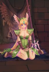 Rule 34 | 1girl, armor, blonde hair, blue eyes, bow, breasts, bridal gauntlets, carpet, cleavage, collarbone, crystal, dress, earrings, feather hair ornament, feathers, flag, glowing, green bow, green dress, hair bow, hair ornament, hands on thighs, headgear, indoors, jewelry, kirishima satoshi, long hair, looking at viewer, medium breasts, polearm, riesz, seiken densetsu, seiken densetsu 3, shoes, shoulder armor, sidelocks, sitting, sleeveless, sleeveless dress, smile, solo, strapless, strapless dress, trident, twitter username, very long hair, wall, wariza, weapon