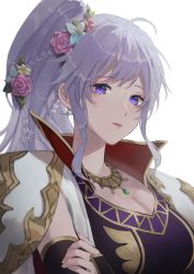 Rule 34 | 1girl, earrings, fire emblem, fire emblem: genealogy of the holy war, fire emblem heroes, flower, hair flower, hair ornament, highres, ishtar (fire emblem), jewelry, looking at viewer, necklace, nintendo, pana (87), ponytail, purple eyes, purple hair, simple background, solo