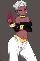 Rule 34 | 1girl, absurdres, alternate color, alternate hair length, alternate hairstyle, android 21, aura, bare shoulders, black nails, black sclera, bracelet, breasts, cleavage, colored sclera, commission, curly hair, d-ryuu, dark skin, dark-skinned female, detached sleeves, dragon ball, dragon ball fighterz, earrings, grey background, harem pants, highres, hoop earrings, jewelry, large breasts, lips, looking at viewer, majin android 21, nail polish, navel, neck ring, pants, pointy ears, red eyes, silver hair, smile, solo, standing, strapless, tube top, undercut
