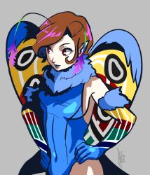 Rule 34 | 1girl, alternate costume, antennae, blue leotard, blue lips, breasts, brown hair, covered navel, duckpasta, elbow gloves, fairy, fur trim, gloves, hands on own hips, highres, insect wings, leotard, lipstick, makeup, medium breasts, moth antennae, moth wings, mothman (megami tensei), neck fur, pixie (megami tensei), pointy ears, red eyes, shin megami tensei, short hair, signature, simple background, solo, wings