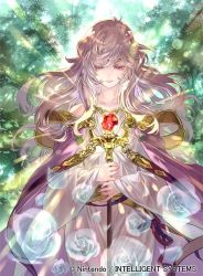 Rule 34 | 1girl, circlet, closed mouth, company name, copyright name, deirdre (fire emblem), dress, fire emblem, fire emblem: genealogy of the holy war, fire emblem cipher, holding, holding staff, long hair, long sleeves, nintendo, official art, purple eyes, purple hair, smile, solo, staff, suzuki rika, tree, wide sleeves