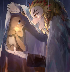 Rule 34 | 1boy, blonde hair, blue eyes, carrying, charmander, colored tips, commentary request, creatures (company), crossover, crying, game freak, gen 1 pokemon, haori, japanese clothes, kimetsu no yaiba, male focus, multicolored hair, nintendo, open mouth, orange eyes, pokemon, pokemon (creature), rain, red hair, rengoku kyoujurou, smile, tears, tokoame, two-tone hair