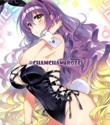 1girl breasts chacham gradient_hair hijiri_byakuren leotard long_hair looking_at_viewer multicolored_hair playboy_bunny purple_hair solo touhou two-tone_hair wavy_hair yellow_eyes