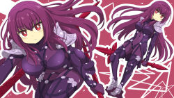 Rule 34 | 1girl, armor, ass, bad id, bad pixiv id, bodysuit, breasts, covered navel, fate/grand order, fate (series), gae bolg (fate), holding, holding weapon, large breasts, long hair, looking at viewer, polearm, purple bodysuit, purple hair, red eyes, scathach (fate), scathach (fate), shiraha mato, shoulder armor, solo, spear, weapon