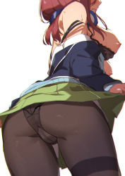Rule 34 | 1girl, ass, bra, breasts, breasts out, brown hair, clothes lift, go-toubun no hanayome, head out of frame, headphones, highres, long hair, morisobo, nakano miku, nipples, pantyhose, school uniform, sideboob, simple background, skirt, skirt lift, solo, underwear, white background