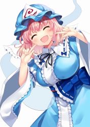 Rule 34 | 1girl, :d, ^ ^, black ribbon, blue dress, blue hat, blush, breasts, closed eyes, commentary request, dress, facing viewer, hands up, hat, highres, hitodama, kapuchii, large breasts, leaning to the side, long sleeves, medium hair, mob cap, neck ribbon, open mouth, pink hair, pointing, pointing at self, ribbon, saigyouji yuyuko, simple background, smile, solo, touhou, triangular headpiece, white background, wide sleeves, |d