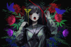 Rule 34 | 1girl, black background, black eyes, black hair, black neckerchief, black sclera, blood, blood from mouth, bloody tears, blue butterfly, blue eyes, blue flower, bug, butterfly, butterfly on head, colored sclera, dilated pupils, dripping, flower, grey sailor collar, grey serafuku, grey shirt, hand up, hidariri, horror (theme), insect, leaf, long hair, long sleeves, looking at viewer, neckerchief, open mouth, original, purple flower, red flower, sailor collar, sailor shirt, school uniform, serafuku, sewn together, shirt, solo, standing, stitches, upper body, yellow butterfly