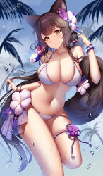 Rule 34 | 1girl, animal ears, arm behind back, beach, bikini, blue archive, blue flower, blush, breasts, brown hair, cleavage, floral print, flower, flower bikini, flower ornament, fox ears, fox girl, fox tail, groin, hair between eyes, hair flower, hair ornament, hand up, happy, highres, large breasts, leaning forward, leg up, legs folded, long hair, midriff, navel, outdoors, palm tree, purple flower, purple ribbon, ribbon, skindentation, smile, solo, splashing, standing, standing on one leg, swimsuit, tail, tail around arm, thigh strap, tree, very long hair, wakamo (blue archive), wakamo (swimsuit) (blue archive), wet, white bikini, white flower, wristband, wsman, yellow eyes