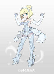 Rule 34 | 1girl, animification, blonde hair, blue eyes, character name, cinderella, cinderella (disney), commentary, disney, elbow gloves, gloves, green eyes, hair bun, head tilt, mecha musume, mechanization, open mouth, pagye, redesign, short hair, single hair bun, solo, sparkle, sweat, symbol-only commentary, white gloves