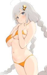Rule 34 | 1girl, ahoge, bare arms, bare shoulders, bikini, blue eyes, blush, braid, breasts, closed mouth, commentary request, cowboy shot, hair ornament, hands on own chest, highres, kizuna akari, large breasts, long hair, looking at viewer, navel, nekoshoko, orange bikini, silver hair, simple background, skindentation, smile, solo, star (symbol), stomach, string bikini, swimsuit, thighs, twin braids, underboob, very long hair, voiceroid, white background