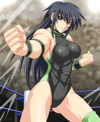 Rule 34 | 1girl, abs, black hair, blue eyes, breasts, clenched hand, long hair, muscular, muscular female, original, shimamoto utako, solo, swimsuit, tagme, taroimo (00120014), wrestling ring