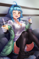 Rule 34 | 1girl, ahoge, black thighhighs, blue hair, blush, breasts, brown eyes, cameltoe, cleavage, commentary, commentary request, drink, fuhikari, fur trim, girls&#039; frontline, hairband, highres, jacket, looking at viewer, medium breasts, one eye closed, open clothes, open shirt, panties, pantyshot, shirt, short hair, sitting, smile, solo, t91 (girls&#039; frontline), thighhighs, underwear, white panties