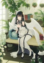 Rule 34 | 1girl, angel wings, armpit crease, bare shoulders, black footwear, black hair, book, book stack, breasts, cleavage, couch, detached sleeves, dress, feathered wings, flower, grey eyes, high heels, highres, indoors, juliet sleeves, large breasts, lily (flower), long dress, long hair, long sleeves, looking at viewer, mole, mole under eye, on couch, original, pillow, plant, potted plant, puffy sleeves, shelf, sidelocks, sitting, smile, socks, solo, white dress, white flower, white socks, wide sleeves, window, window shadow, wings, wooden floor, yashiro seika