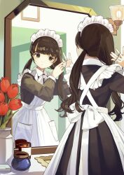 Rule 34 | 1girl, apron, back bow, black dress, black eyes, black hair, blunt bangs, bottle, bow, closed mouth, collared dress, cowboy shot, dress, flower, frilled apron, frills, from behind, hands up, highres, holding, holding own hair, indoors, kashiwagi chisame, lamp, long hair, long sleeves, looking at mirror, low twintails, maid, maid apron, maid headdress, mirror, original, plant, pocket, potted plant, red flower, reflection, ribbon, solo, standing, tulip, twintails, tying hair, vase, white apron, white bow