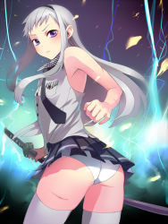 Rule 34 | 1boy, ass, bare shoulders, from behind, grey hair, headband, katana, long hair, looking back, male focus, mecchori, necktie, original, panties, purple eyes, scratches, skirt, solo, sword, thighhighs, trap, underwear, weapon, white thighhighs
