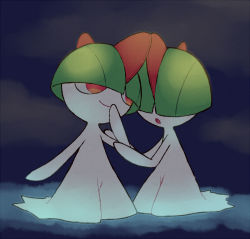 Rule 34 | :o, closed mouth, creature, creatures (company), facing another, full body, game freak, gen 3 pokemon, looking at another, nintendo, no humans, pokemon, pokemon (creature), ralts, shiwo (siwosi), smile, standing