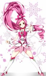 Rule 34 | 10s, 1girl, boots, bow, brooch, choker, clenched hand, cure blossom, full body, hair bow, hanasaki tsubomi, heart, heart brooch, heartcatch precure!, highres, jewelry, knee boots, long hair, magical girl, pink bow, pink hair, ponytail, precure, red eyes, ribbon, skirt, smile, snowflakes, solo, thumbs up, white background, wrist cuffs, yuutarou (fukiiincho)