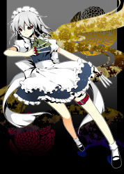Rule 34 | 1girl, bad id, bad pixiv id, between fingers, braid, embodiment of scarlet devil, female focus, holding, izayoi sakuya, juna, knife, maid, maid headdress, red eyes, short hair, silver hair, solo, thigh strap, throwing knife, touhou, twin braids, weapon
