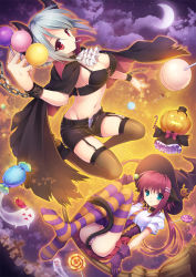 Rule 34 | 2girls, broom, broom riding, candy, cape, cloud, cloudy sky, crescent moon, food, garter straps, ghost, gloves, groin, halloween, halloween costume, hat, hino (mooncalf+t), jack-o&#039;-lantern, lollipop, looking at viewer, moon, multiple girls, navel, original, panties, purple gloves, short shorts, shorts, sky, smile, star (symbol), striped clothes, striped panties, thighhighs, underwear, unzipped, witch hat, wrist cuffs