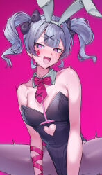 Rule 34 | 1girl, absurdres, animal ears, bare shoulders, black bow, blue hair, blush, bow, breasts, commentary, detached collar, fake animal ears, hair bow, hair ornament, hairband, hatsune miku, heart, heart-shaped pupils, highres, implied sex, leotard, long hair, looking at viewer, medium breasts, necktie, open mouth, pantyhose, pink background, pink necktie, playboy bunny, pol winner, pure pure (rabbit hole), purple leotard, purple pantyhose, rabbit ears, rabbit hole (vocaloid), simple background, smile, solo, spread legs, symbol-shaped pupils, twintails, vocaloid, white hairband
