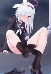 Rule 34 | 1girl, plana (blue archive), black choker, black coat, black eyes, black hairband, black pantyhose, black serafuku, blue archive, blush, bow, choker, closed mouth, clothes pull, coat, colored inner hair, commentary request, convenient leg, feet, foot up, gmkj, hair bow, hair over one eye, hairband, halo, highres, legs, loafers, long hair, looking at viewer, multicolored hair, neckerchief, night, night sky, no shoes, one eye covered, open clothes, open coat, paid reward available, pantyhose, pantyhose pull, pink hair, red pupils, school uniform, serafuku, shoes, single shoe, sky, smell, soles, solo, steaming body, toes, two-tone hair, white bow, white hair, white neckerchief